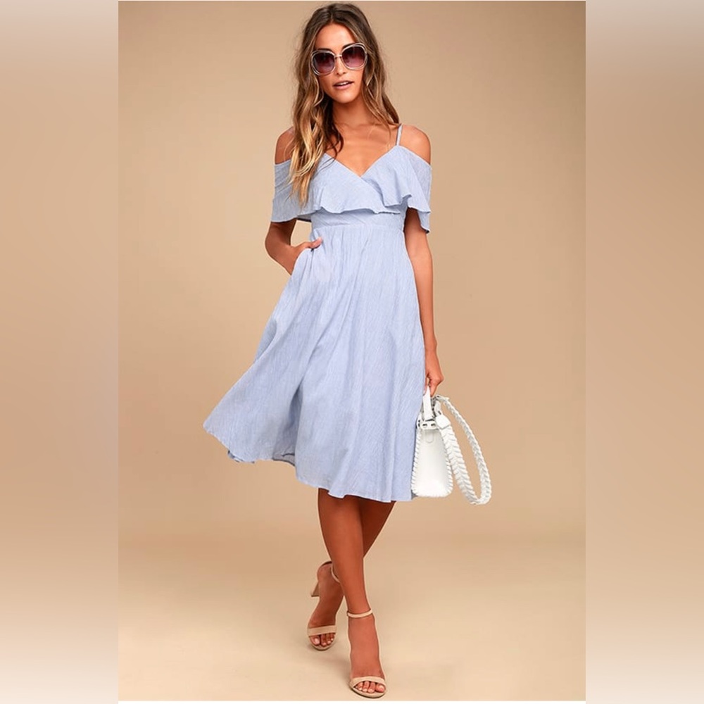 Lulus Yacht Rock Blue and White Striped Off-the- Shoulder Midi Dress - Size S
